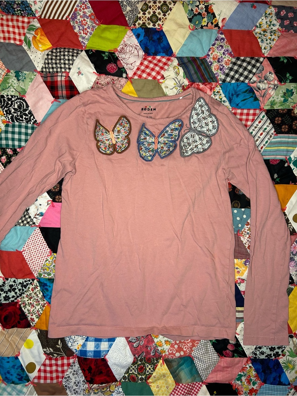 Mini Boden Pink Long Sleeve Tee with Embroidered Butterfly Appliqués sz 11-12